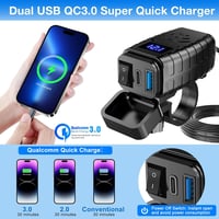 Lieberwell Vízálló Motoros USB Töltő 12V-24V Quick Charge 3.0 Type-C + USB-A LED Voltmérővel és Kapcsolóval 3