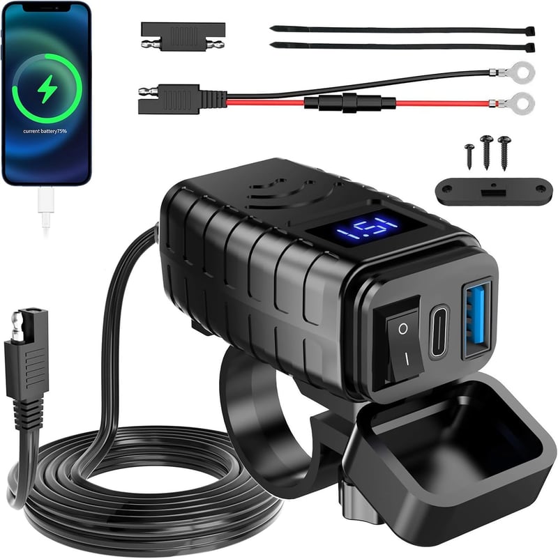 Lieberwell Vízálló Motoros USB Töltő 12V-24V Quick Charge 3.0 Type-C + USB-A LED Voltmérővel és Kapcsolóval