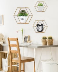 Set 3 Rafturi de Perete Hexagonale Liesun, Metalice, Fără Găurire, Rafturi Plutitoare pentru Living, Auriu 2