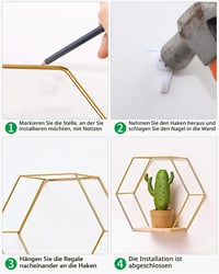 Set 3 Rafturi de Perete Hexagonale Liesun, Metalice, Fără Găurire, Rafturi Plutitoare pentru Living, Auriu 7