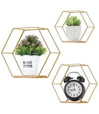 Set 3 Rafturi de Perete Hexagonale Liesun, Metalice, Fără Găurire, Rafturi Plutitoare pentru Living, Auriu 1