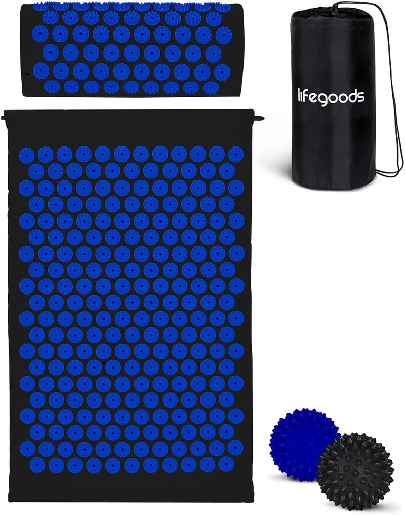 LifeGoods Akupresszúrás Matrac Párnával - Fekete-Kék Masszázs Szőnyeg Hátfájásra - Tüskés Jóga Matrac Stresszoldáshoz