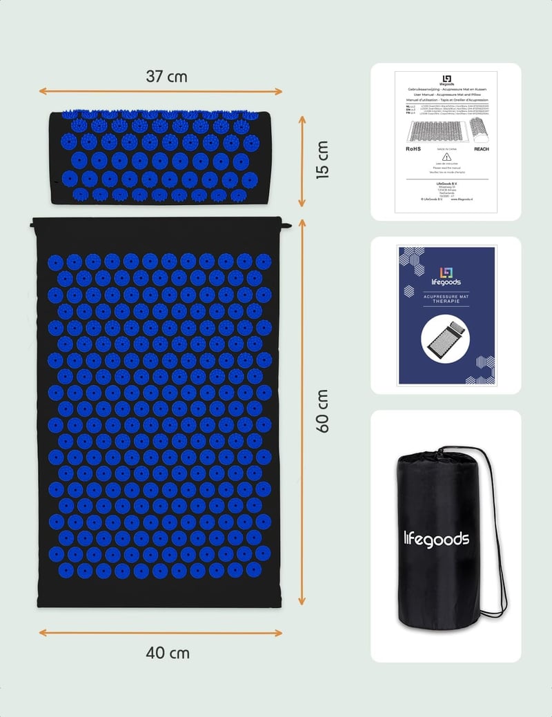 LifeGoods Akupresszúrás Matrac Párnával - Fekete-Kék Masszázs Szőnyeg Hátfájásra - Tüskés Jóga Matrac Stresszoldáshoz