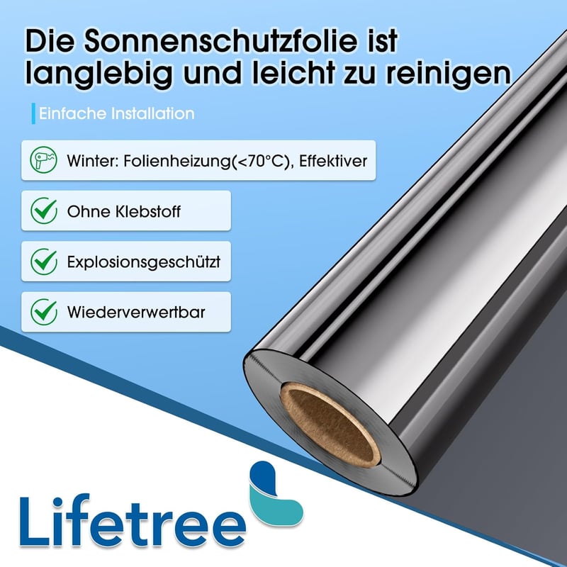 Lifetree Egyirányú Hőszigetelő Ablakfólia UV Védelem Ezüst 90x300cm