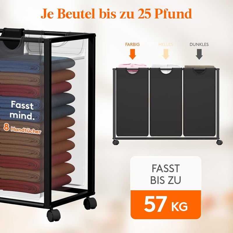Lifewit 135L 3 rekeszes szennyesgyűjtő polccal, fiókkal és görgőkkel, barna