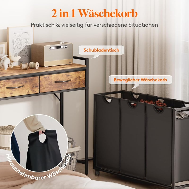 Lifewit 135L 3 rekeszes szennyesgyűjtő polccal, fiókkal és görgőkkel, barna