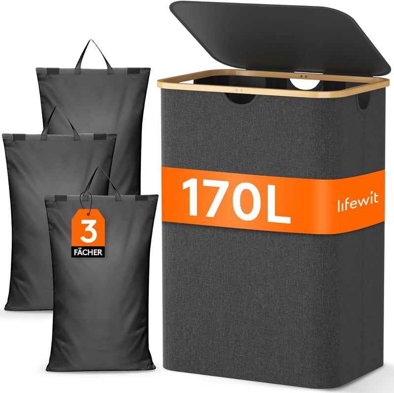 Lifewit 170L mosókosár fedéllel 3 rekeszes szennyesválogató kosár mosodai zsákok sötétszürke hálószoba fürdőszoba