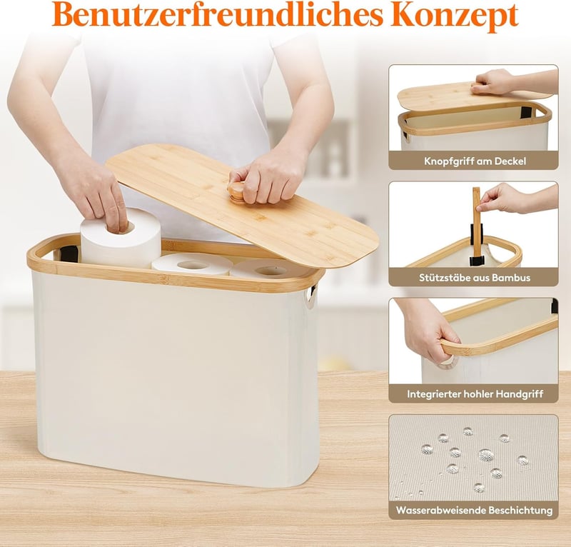 Lifewit 23L Bambusz Fürdőszobai Tárolókosár WC Papírnak, Fehér Oxford Szövettel, Fedéllel, Állítható Szekrény, 43x17x31 cm - White