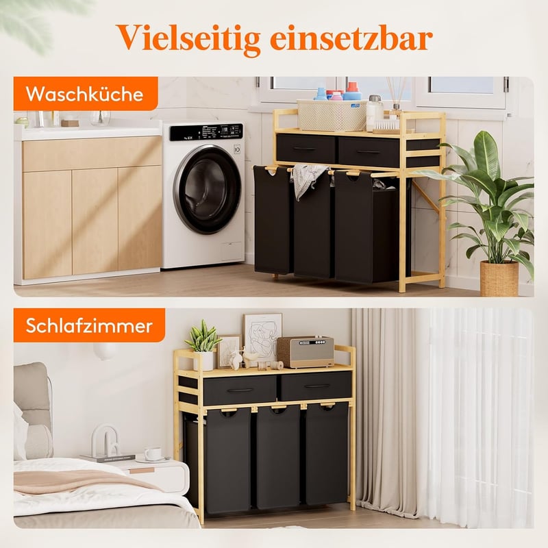 Lifewit 3 rekeszes szennyesgyűjtő 150L polccal és fiókokkal