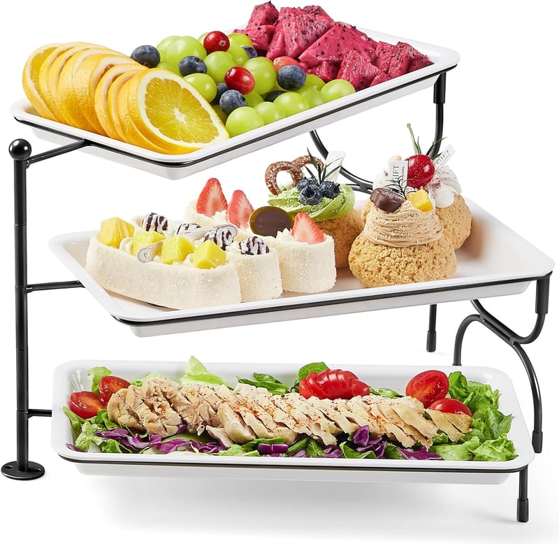 Lifewit 3 szintes forgó tálca szett 30x17 cm tányérral, összecsukható fém polccal