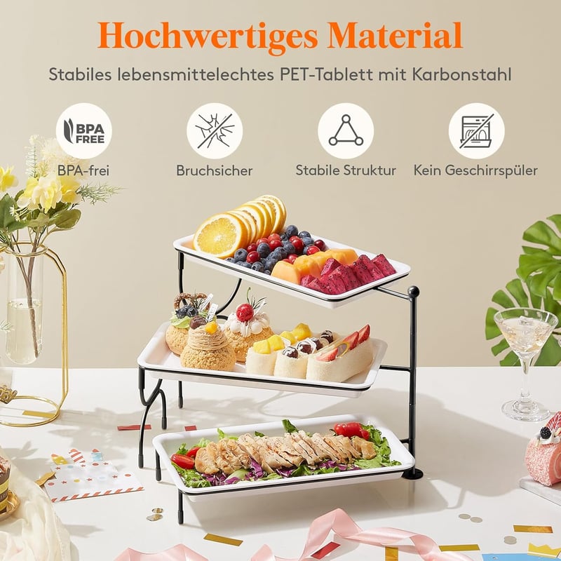 Lifewit 3 szintes forgó tálca szett 30x17 cm tányérral, összecsukható fém polccal