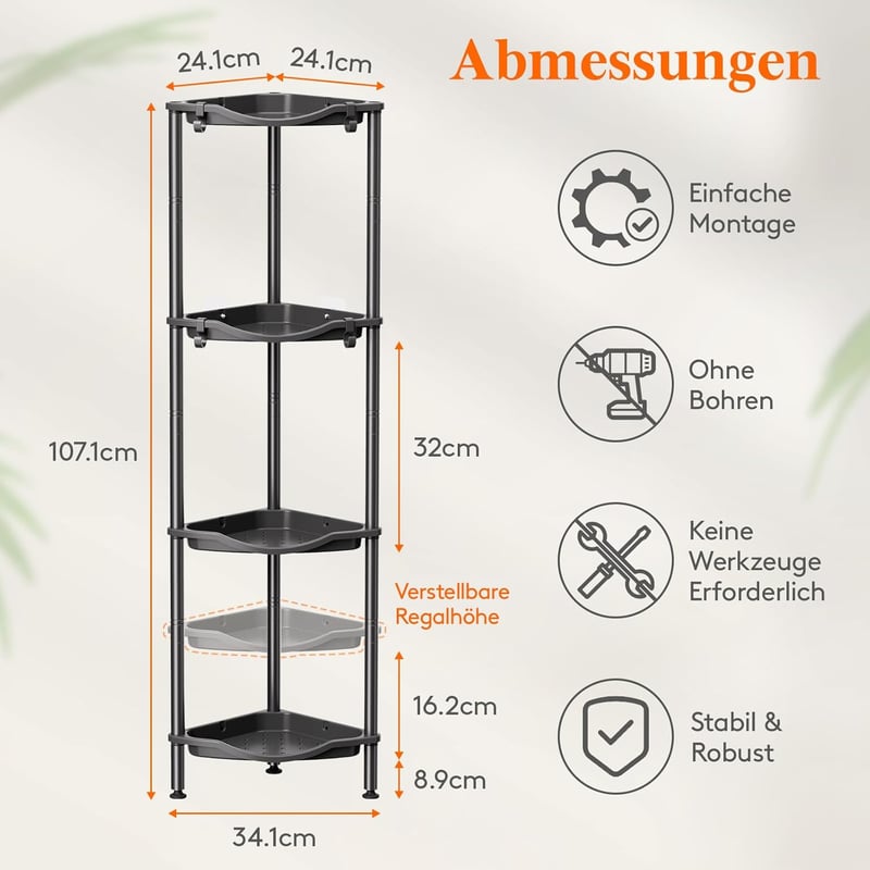 Lifewit 3 szintes sarokpolc fürdőszobai tárolóval, rozsdamentes fém, 4 horoggal, 34cm