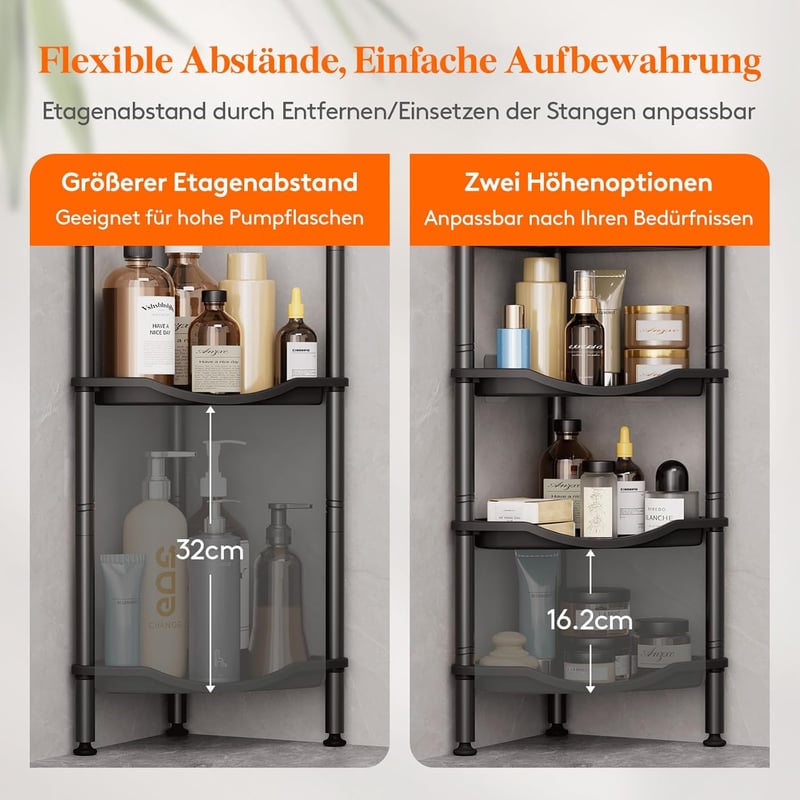 Lifewit 3 szintes sarokpolc fürdőszobai tárolóval, rozsdamentes fém, 4 horoggal, 34cm