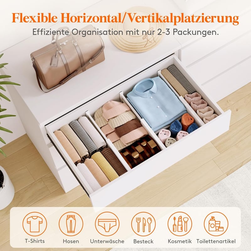Lifewit 4 db-os Állítható Fiókrendező Szett 27-40 cm Hosszúságú Fiókokhoz, Fehér Elválasztó Rendszer Ruhásszekrénybe, Konyhába, Irodába