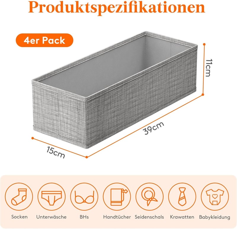 Lifewit 4 db-os Hemnes Fiókrendező Szett - Szürke Textil Tárolódoboz Ruhákhoz, Zoknikhoz, Fehérneműhöz, Gyerekruhákhoz - 39x15x11 cm
