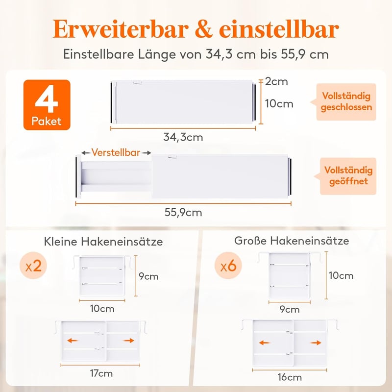Lifewit 4 részes állítható fiók osztó szett, 34-56 cm hosszú, 10 cm magas, 8 betéttel