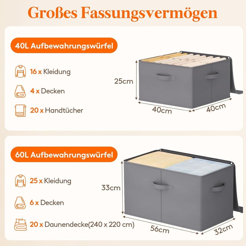 Lifewit 60L Összecsukható Tárolódoboz Szett - 6db Szürke Textil Ruhatároló Fedéllel és Fogantyúval, 56x32x33cm, Ruhákhoz, Ágyneműhöz
