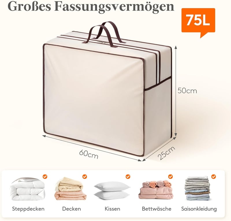 Lifewit 75L Tárolózsák 3db Erősített Fogantyúval XXL Paplan Ágynemű Tároláshoz