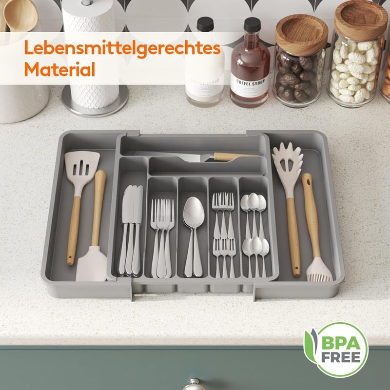 Lifewit Állítható Evőeszköztartó Fiókba - 30-50 cm Szélesség, 38 cm Mélység, Műanyag Konyhai Rendszerező Kanalaknak/Villáknak/Késeknek, Szür