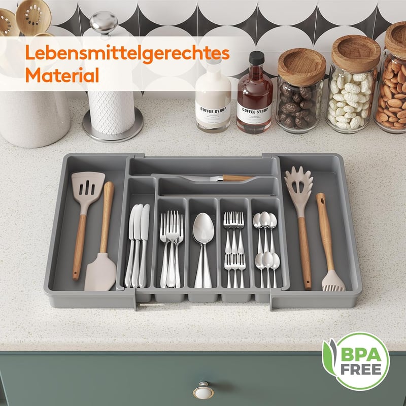 Lifewit Állítható Evőeszköztartó Fiókba - Műanyag Konyhai Rendszerező 33-57 cm Szélesség, 38 cm Mélység, Szürke Evőeszköz Szervező Kanál/Vil