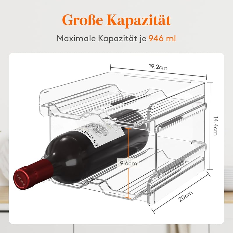 Lifewit Átlátszó Műanyag Bortartó Állvány - Hűtőbe, Konyhapultra - Rakásolható Palacktároló Rendszer 4 Üveghez - Szabadalmazott Stabilizálás