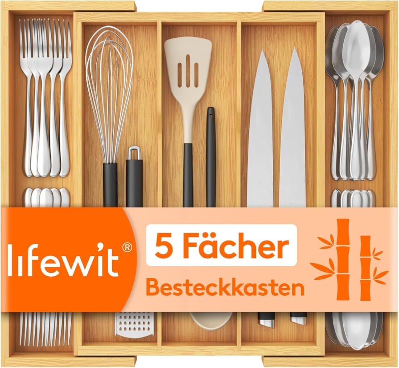 Lifewit bambusz evőeszköz tálca fiókba, 3-5 rekeszes, bővíthető 57 cm-ig