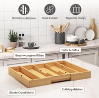 Lifewit bambusz evőeszköz tálca fiókba, 3-5 rekeszes, bővíthető 57 cm-ig 5
