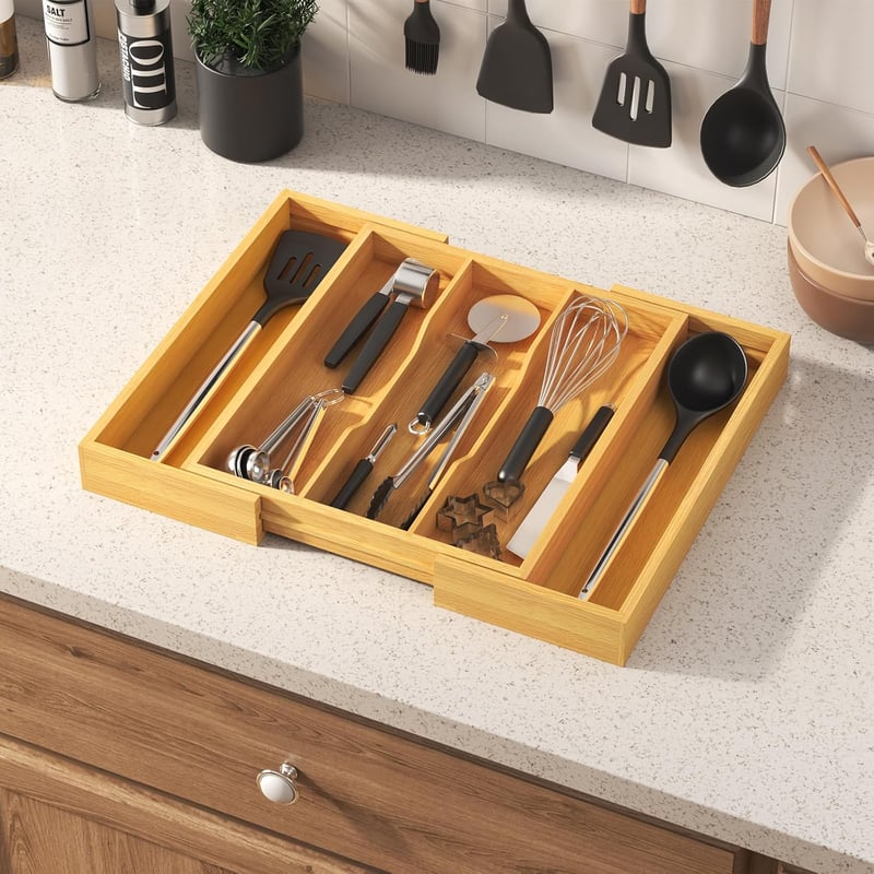 Lifewit bambusz evőeszköz tálca fiókba, 3-5 rekeszes, bővíthető 57 cm-ig