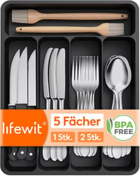 Lifewit Evőeszköz Rendszerező Fiókba - 5 Rekeszes Műanyag Konyhai Szervező Tálca Kanalaknak, Villáknak - Fekete, BPA-mentes, 32x23x4 cm 1
