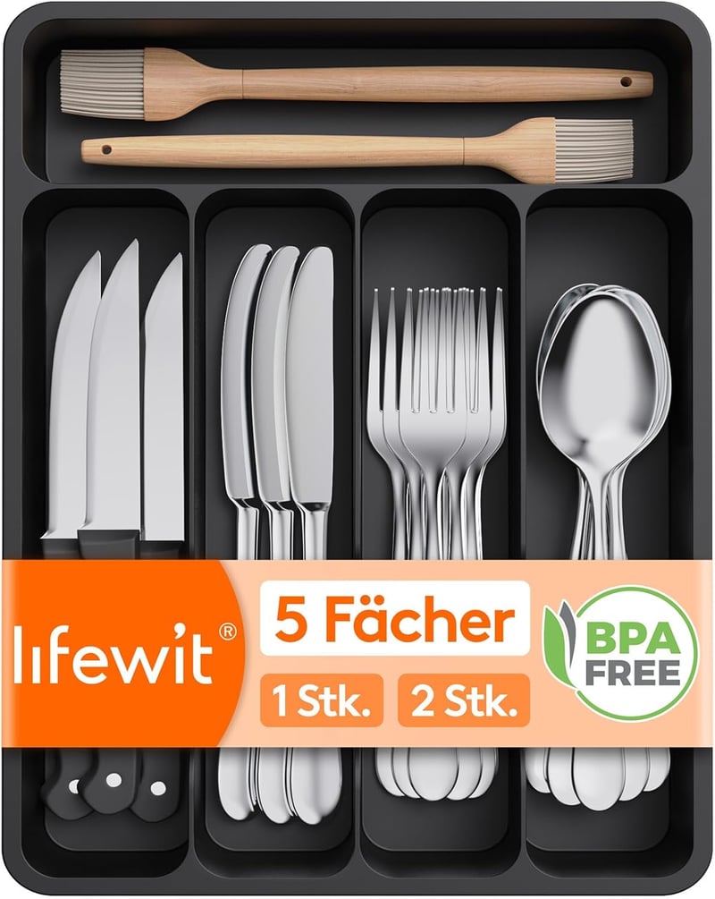 Lifewit Evőeszköz Rendszerező Fiókba - 5 Rekeszes Műanyag Konyhai Szervező Tálca Kanalaknak, Villáknak - Fekete, BPA-mentes, 32x23x4 cm