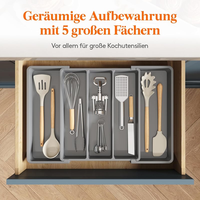 Lifewit Evőeszköz Tálca Fiókba, Bővíthető 57 cm, Szürke Szervező - 33~57 x 38 x 5 cm, 1, Gray