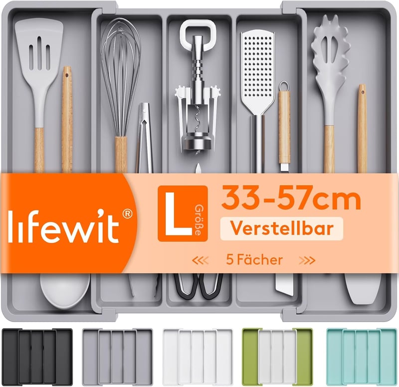 Lifewit Evőeszköz Tálca Fiókba, Bővíthető 57 cm, Szürke Szervező - 33~57 x 38 x 5 cm, 1, Gray