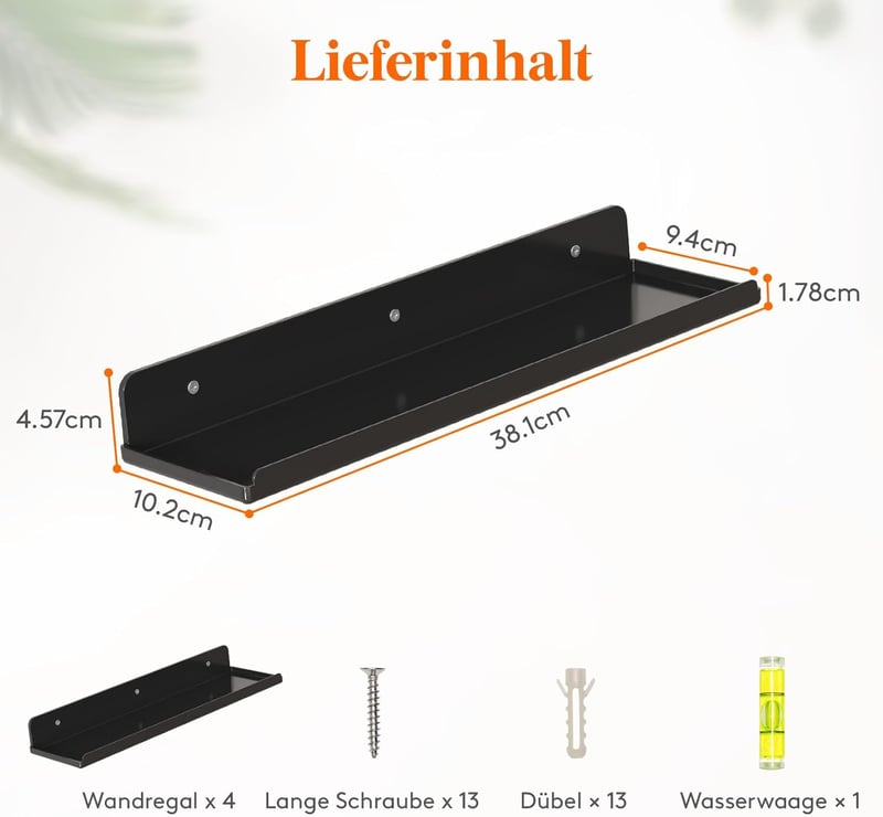 Lifewit Fali Polc Szett 4 db - Fekete Műanyag Lebegő Polcok 38 cm - Könyvek, Lemezek, Fotók Tárolására - Modern Helytakarékos Megoldás Nappa