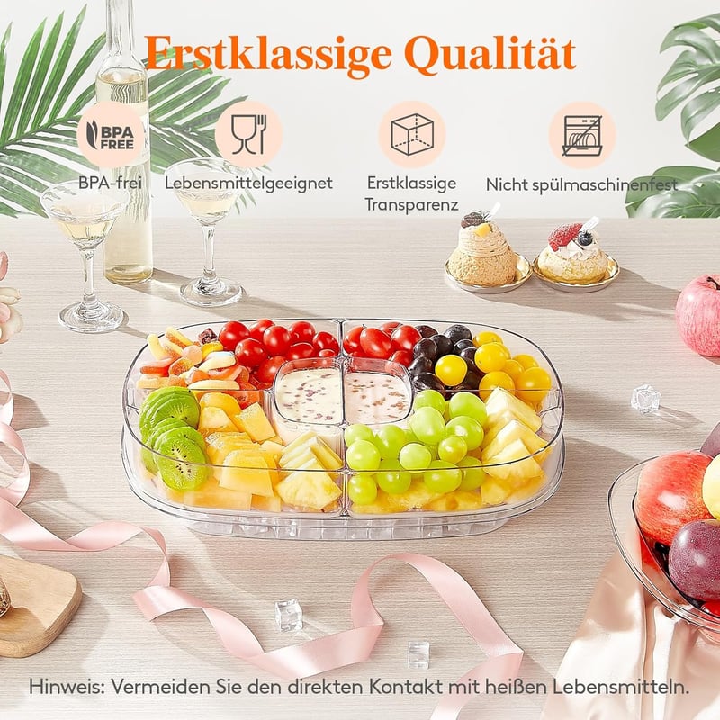 Lifewit Ovális Tálca Fedővel, 6 Rekeszes Snack Box Ládika
