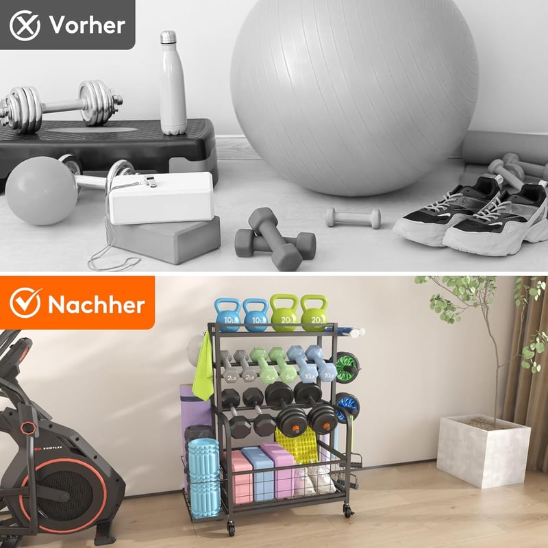 Lifewit Súlyzótartó Állvány Zárolható Kerekekkel, Kettlebell és Jóga Szőnyeg Tartóval