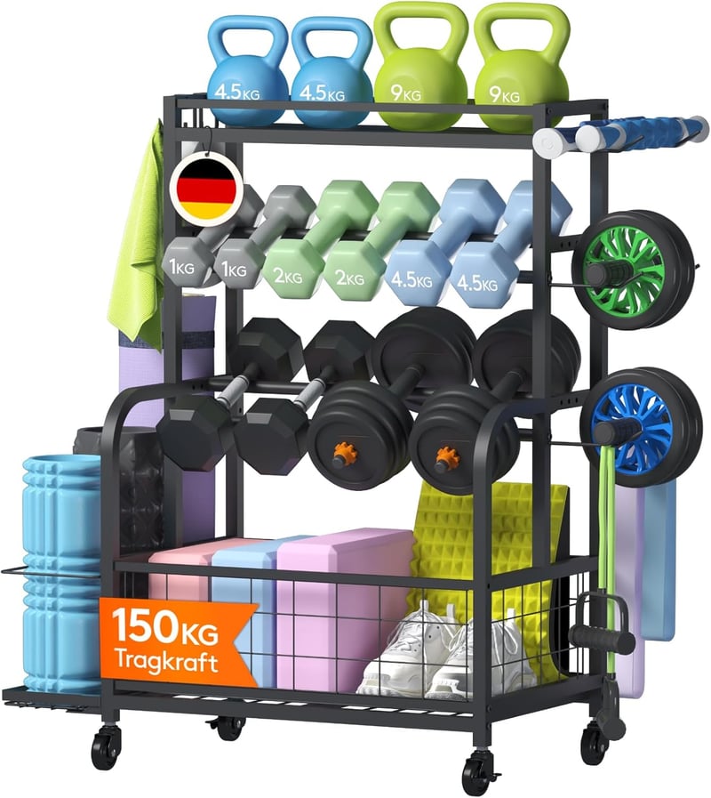 Lifewit Súlyzótartó Állvány Zárolható Kerekekkel, Kettlebell és Jóga Szőnyeg Tartóval