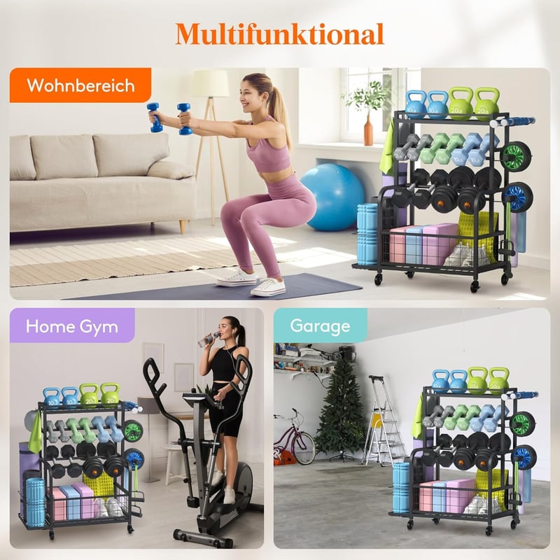 Lifewit Súlyzótartó Állvány Zárolható Kerekekkel, Kettlebell és Jóga Szőnyeg Tartóval