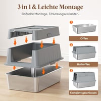 Lifewit XXL Macska WC Rozsdamentes Acélból - Fedeles Macskatoalett Pedálos Nyitással, Elülső Bejárattal, Lapáttal, Szürke, Nagyméretű Cicákn - gray, 22.8cm, 1 Packung 7