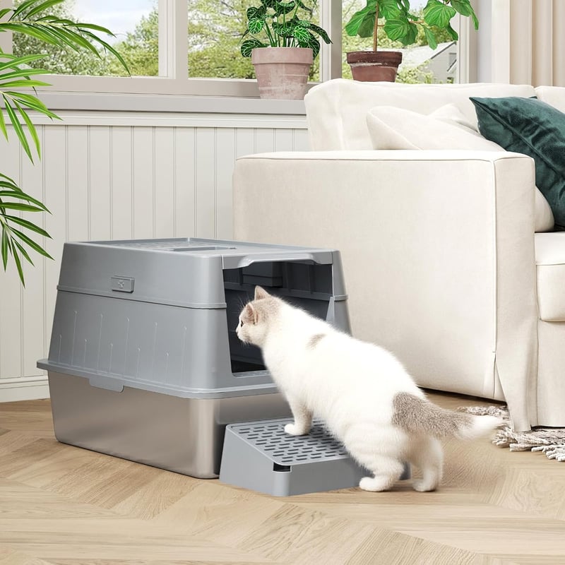 Lifewit XXL Macska WC Rozsdamentes Acélból - Fedeles Macskatoalett Pedálos Nyitással, Elülső Bejárattal, Lapáttal, Szürke, Nagyméretű Cicákn - gray, 22.8cm, 1 Packung