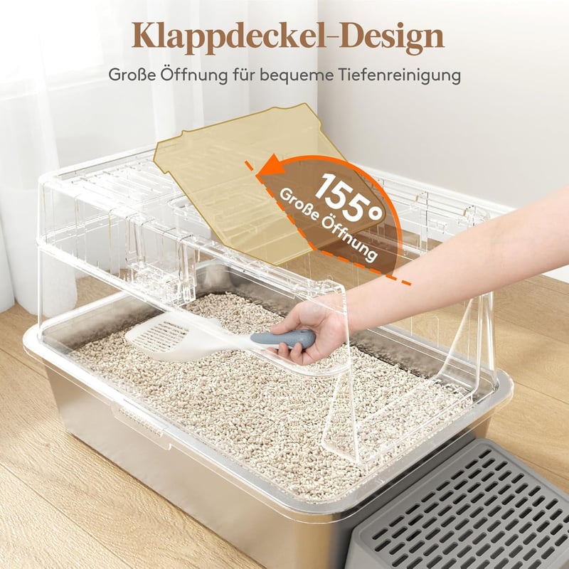 Lifewit XXL Macska WC Rozsdamentes Acélból - Fedeles Macskatoalett Pedálos Nyitással, Elülső Bejárattal, Lapáttal, Szürke, Nagyméretű Cicákn - gray, 22.8cm, 1 Packung