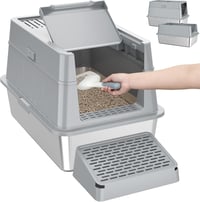 Lifewit XXL Macska WC Rozsdamentes Acélból - Fedeles Macskatoalett Pedálos Nyitással, Elülső Bejárattal, Lapáttal, Szürke, Nagyméretű Cicákn - gray, 22.8cm, 1 Packung 1
