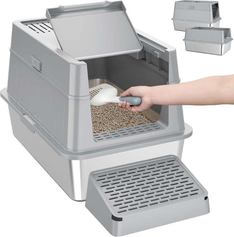 Lifewit XXL Macska WC Rozsdamentes Acélból - Fedeles Macskatoalett Pedálos Nyitással, Elülső Bejárattal, Lapáttal, Szürke, Nagyméretű Cicákn - gray, 22.8cm, 1 Packung