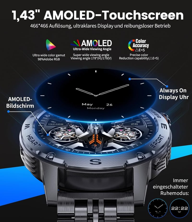 LIGE EF1 PRO Férfi Okosóra 1.43" AMOLED Kijelzővel - Bluetooth Hívás, 170+ Sportmód, 24/7 Pulzusmérés, IP68 Vízállóság, Android/iOS Kompatib