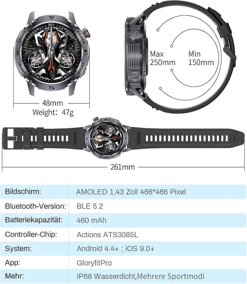LIGE EF1 PRO Férfi Okosóra 1.43" AMOLED Kijelzővel - Bluetooth Hívás, 170+ Sportmód, 24/7 Pulzusmérés, IP68 Vízállóság, Android/iOS Kompatib