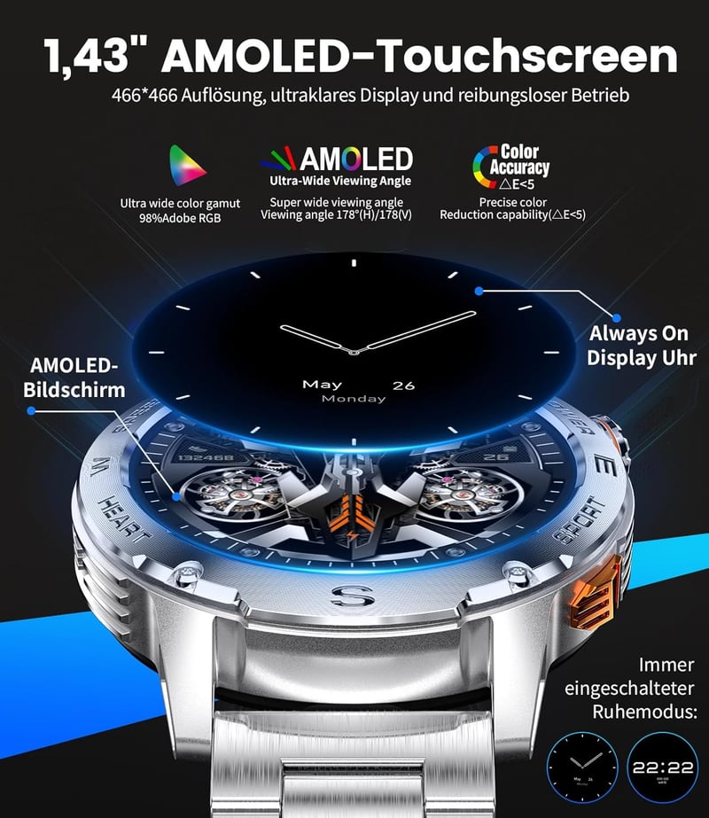 LIGE Férfi Okosóra 1.43" AMOLED Kijelzővel - Bluetooth Hívás, 170+ Sportmód, 24/7 Pulzusmérés, IP68 Vízállóság, Android/iOS Kompatibilis