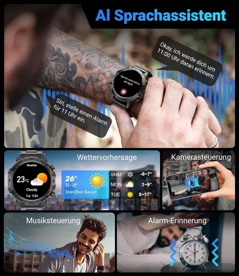 LIGE Férfi Okosóra Telefonhívás Funkcióval - 1.39" Katonai Stílusú Fitness Óra, 24H Pulzusmérő, 100+ Sportmód, IP67 Vízálló, Fekete