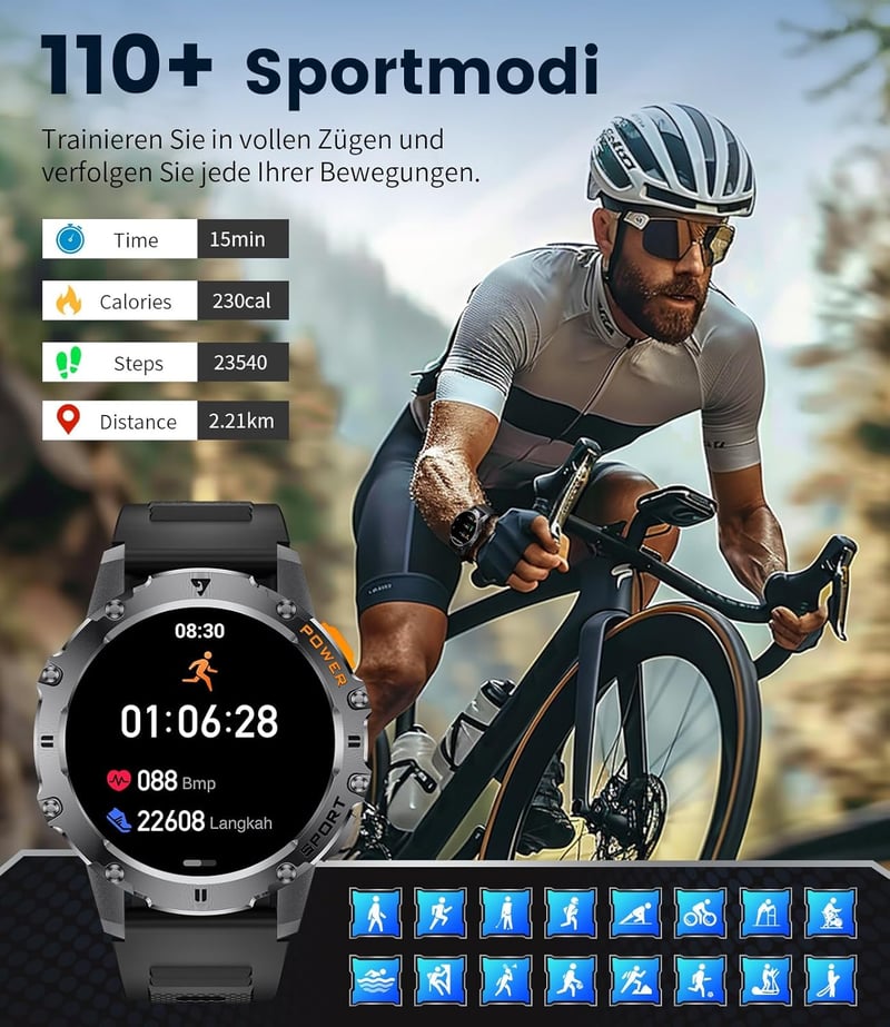 LIGE Katonai Smartwatch 1.43" AMOLED Kijelző 500mAh Akkumulátor 110+ Sportmód IP68 Vízálló