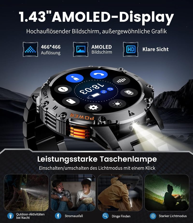 LIGE Katonai Smartwatch 1.43" AMOLED Kijelző 500mAh Akkumulátor 110+ Sportmód IP68 Vízálló