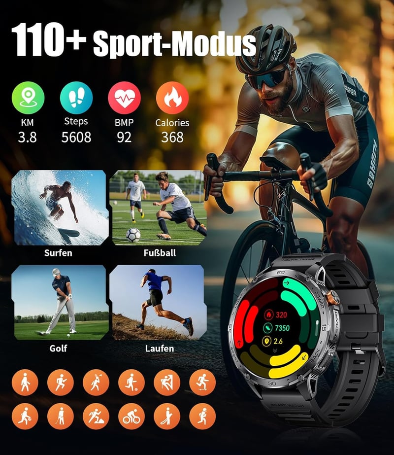 LIGE Katonai Smartwatch 1.75" AMOLED Kijelző, 110+ Sportmód, Pulzus/Alvásmonitor, IP68 Vízálló