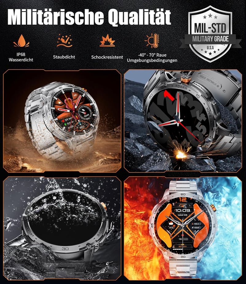 LIGE Katonai Smartwatch 1.75" AMOLED Kijelző, 110+ Sportmód, Pulzus/Alvásmonitor, IP68 Vízálló